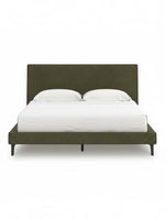 TOCO Meubles Alma upholstered bed in sage green with a low profile and integrated roll-up slats. Modern design with Mid-Century charm.