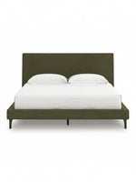 TOCO Meubles Alma upholstered bed in sage green with a low profile and integrated roll-up slats. Modern design with Mid-Century charm.
