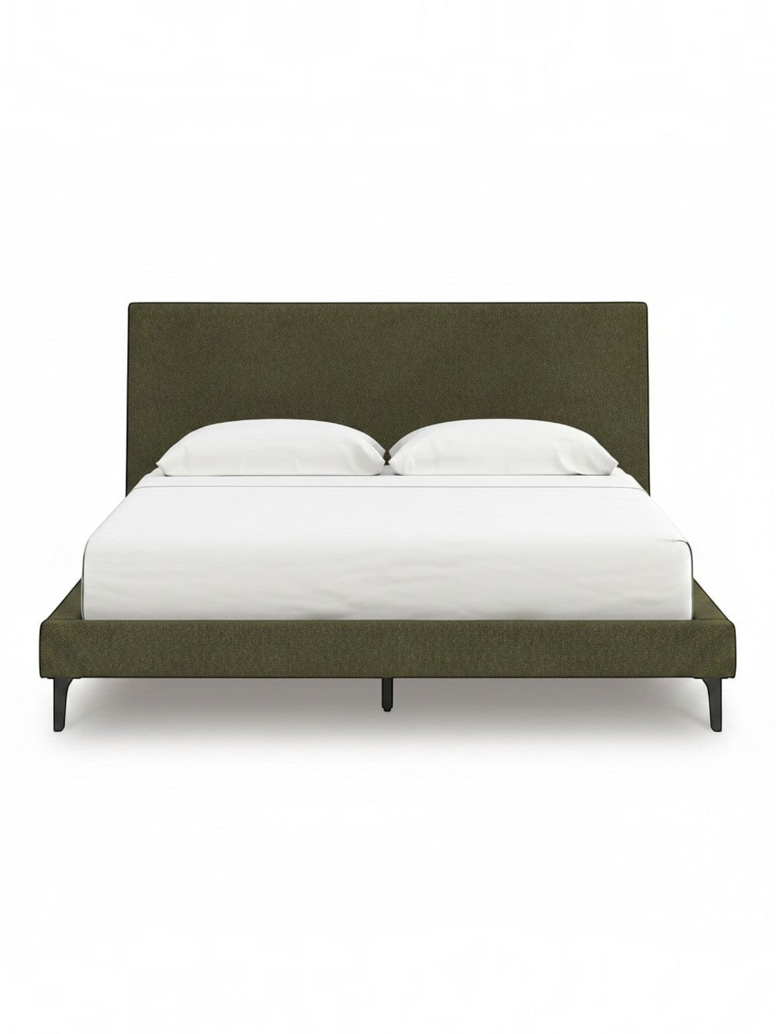TOCO Meubles Alma upholstered bed in sage green with a low profile and integrated roll-up slats. Modern design with Mid-Century charm.