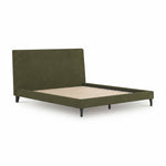 TOCO Meubles Alma upholstered bed frame in sage green fabric with low profile and wooden slats. Mid-century modern style.