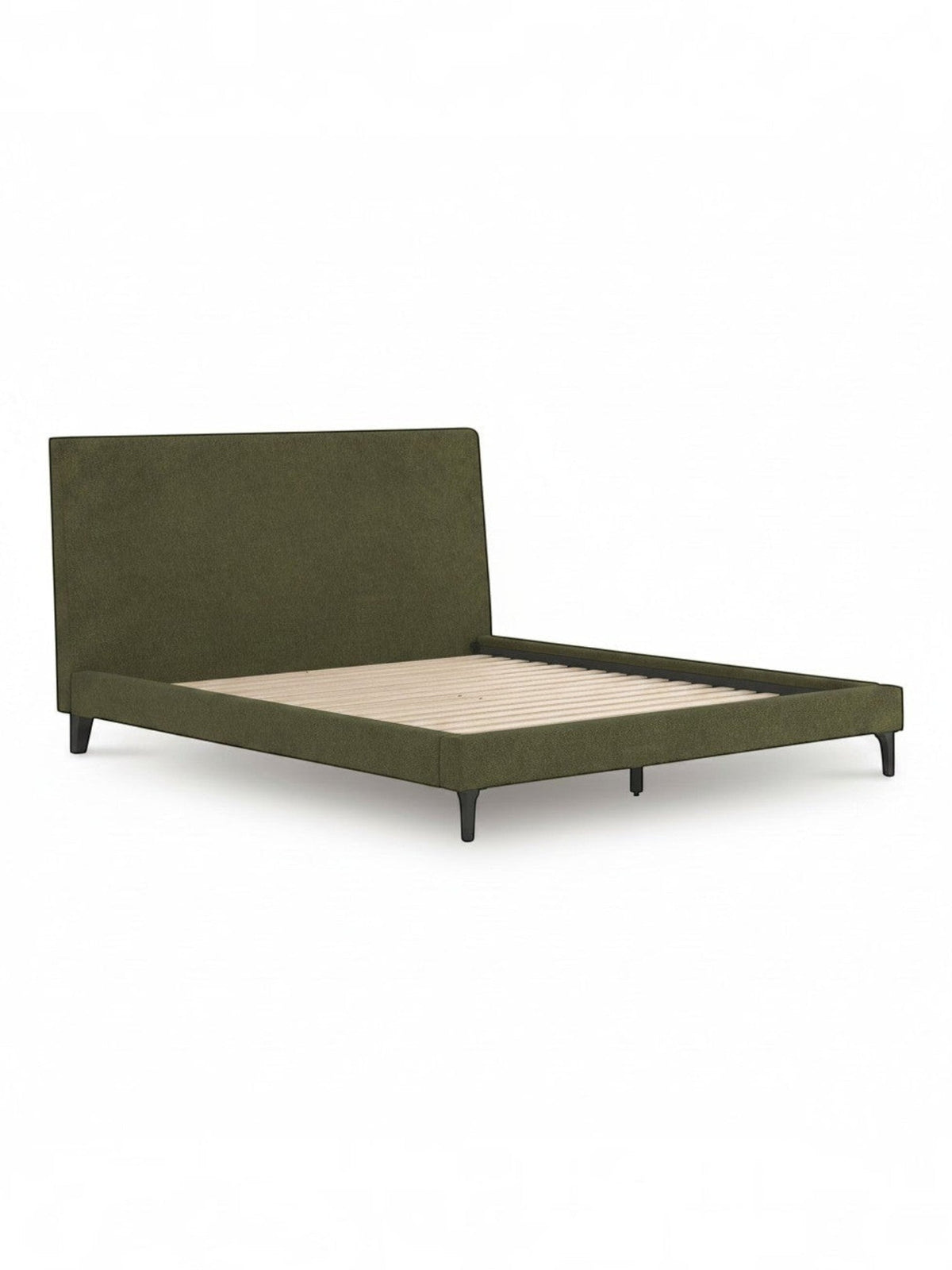 TOCO Meubles Alma upholstered bed frame in sage green fabric with low profile and wooden slats. Mid-century modern style.