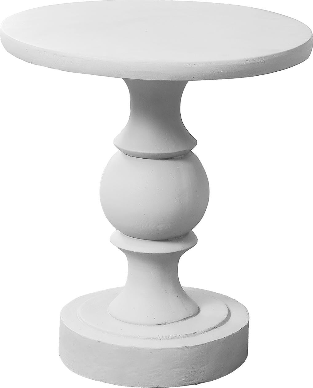 TOCO Meubles Apolo white magnesium side table with pedestal base and decorative sphere accent. Suitable for indoor/outdoor use.
