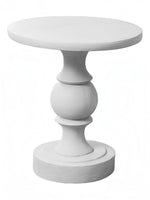 TOCO Meubles Apolo white magnesium side table with pedestal base and decorative sphere accent. Suitable for indoor/outdoor use.