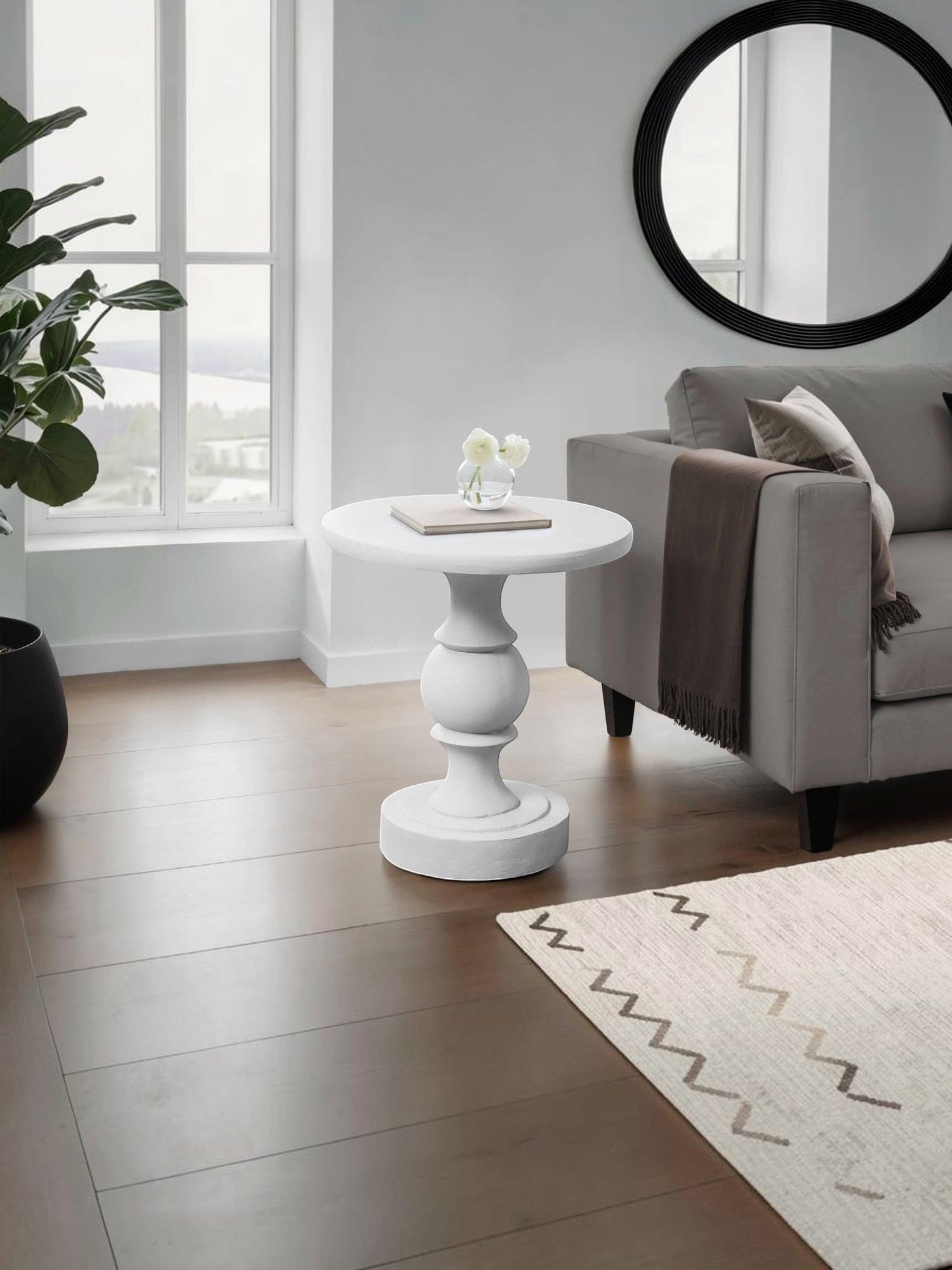 TOCO Meubles Apolo white magnesium side table with pedestal base and round top, suitable for indoor/outdoor use.