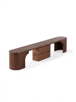 Banc rond extensible TOCO Meubles en bois massif avec design incurvé et panneaux de rangement intégrés