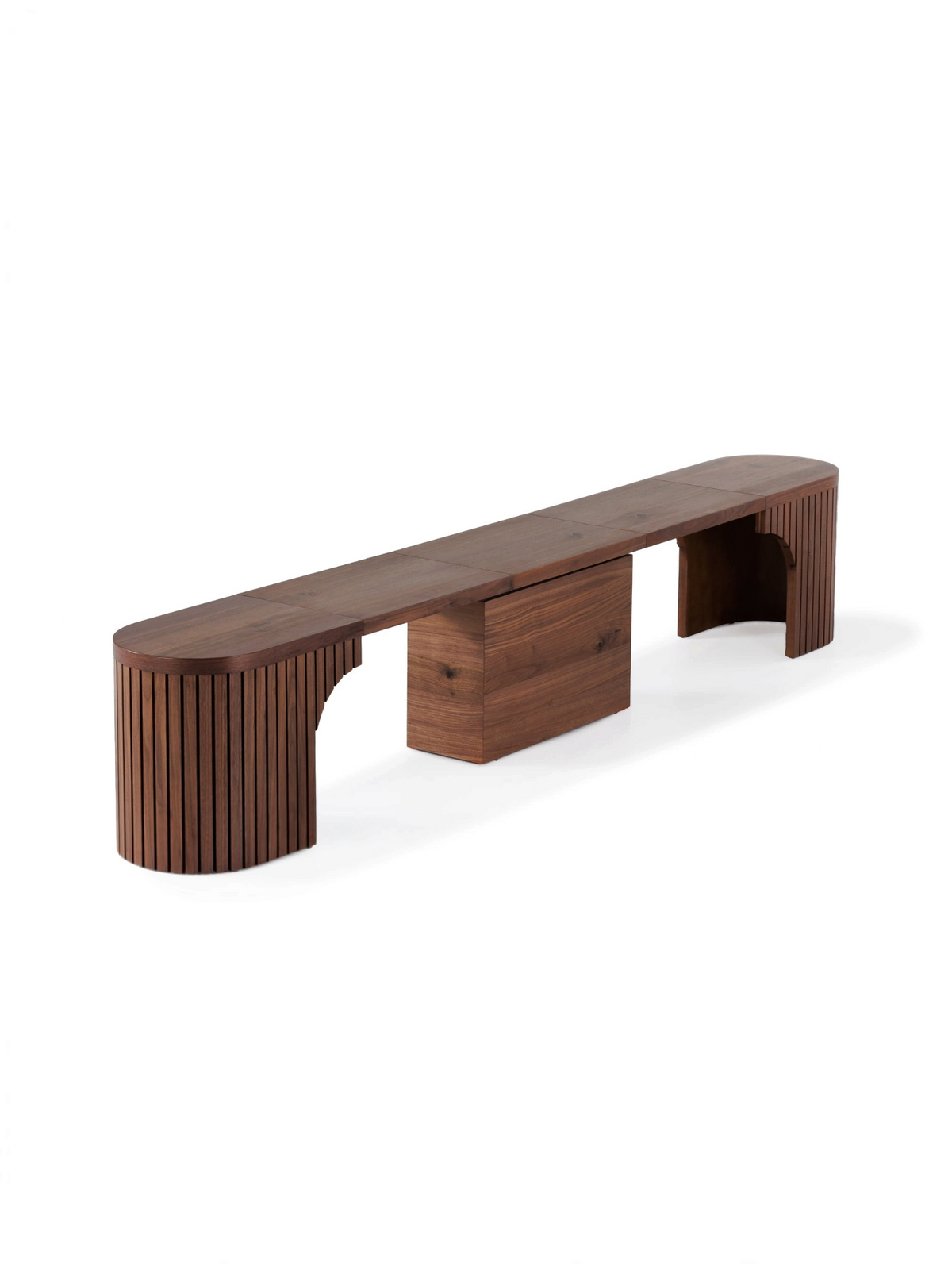 Banc rond extensible TOCO Meubles en bois massif avec design incurvé et panneaux de rangement intégrés