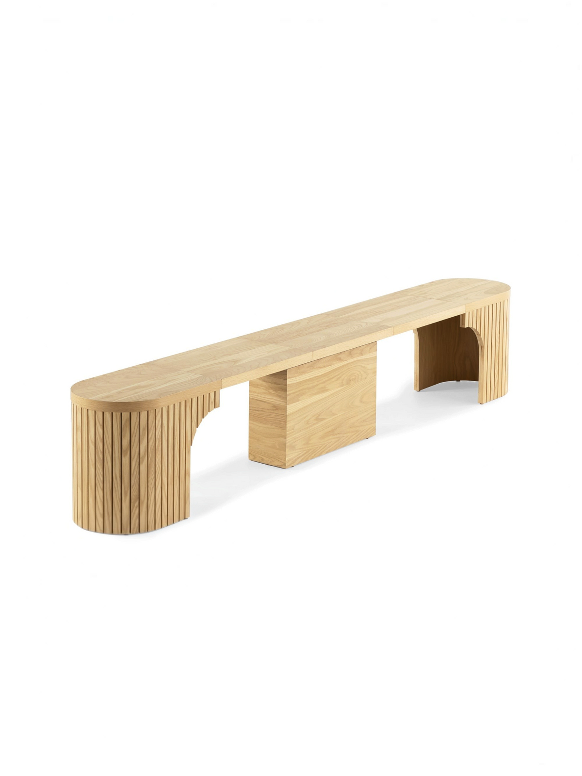 Banc rond extensible TOCO Meubles en placage de chêne clair avec design incurvé et pieds cannelés