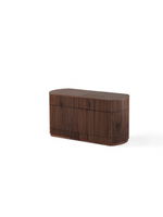 Buffet rond TOCO Meubles Transformer en bois foncé avec façade à lattes verticales et design élégant