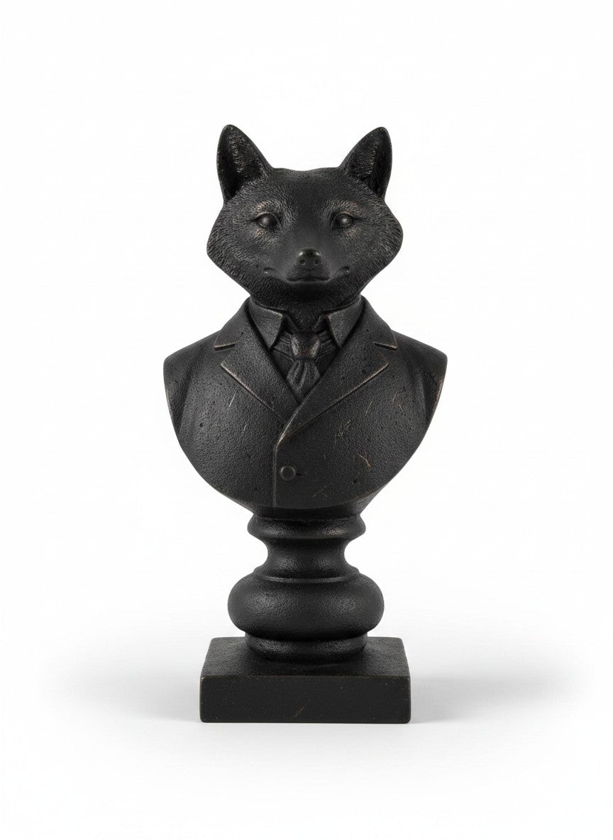 Buste de renard Murray TOCO Meubles en résine noire, sculpture décorative représentant un renard en costume élégant.