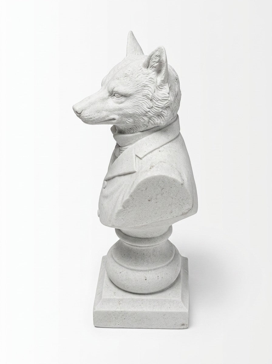 Buste de renard Murray TOCO Meubles en résine blanche sculpté avec un costume élégant sur socle