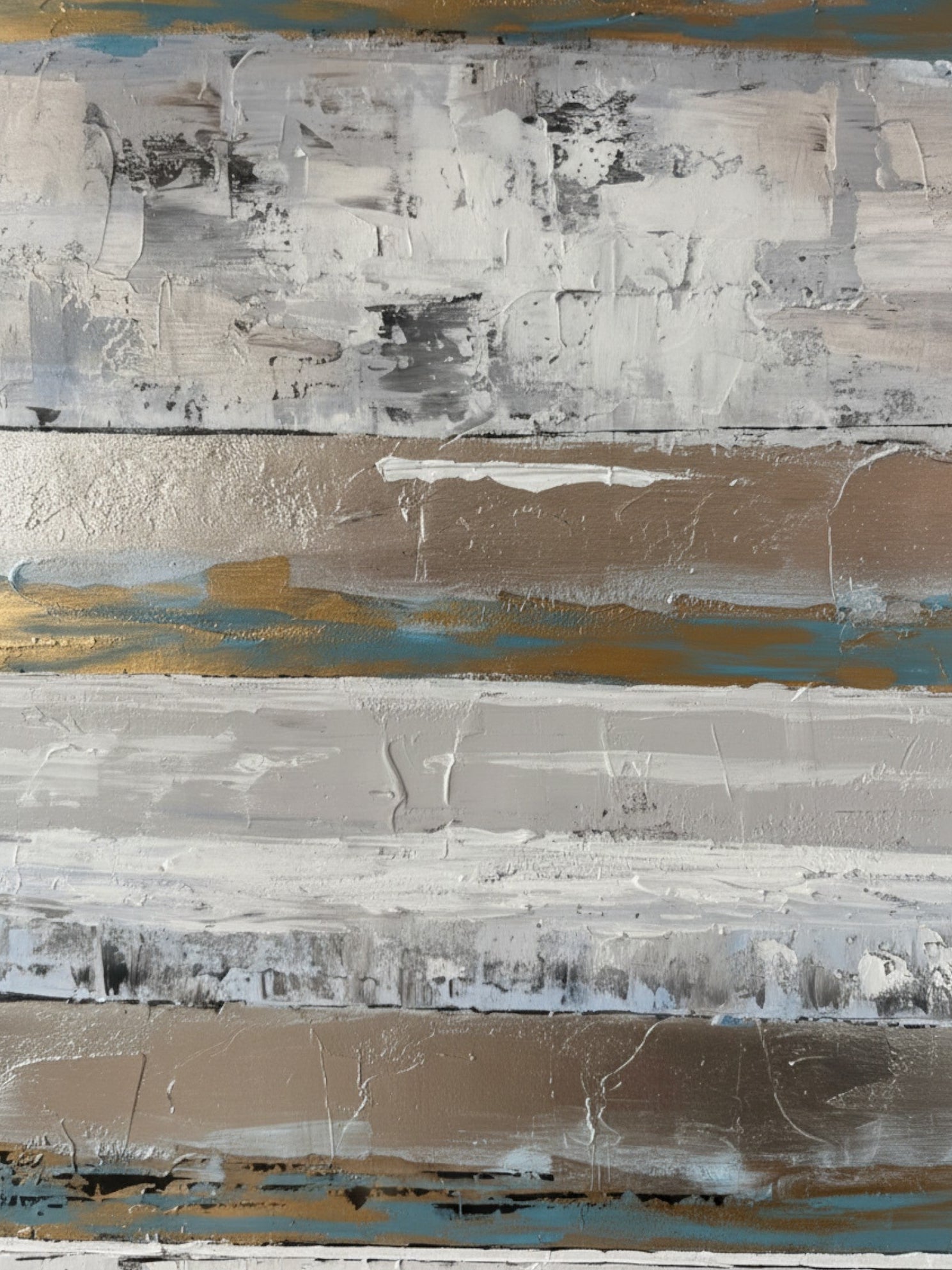 Cadre décoratif TOCO Meubles avec impression abstraite aux tons gris, blancs, dorés et bleus, style moderne texturé.
