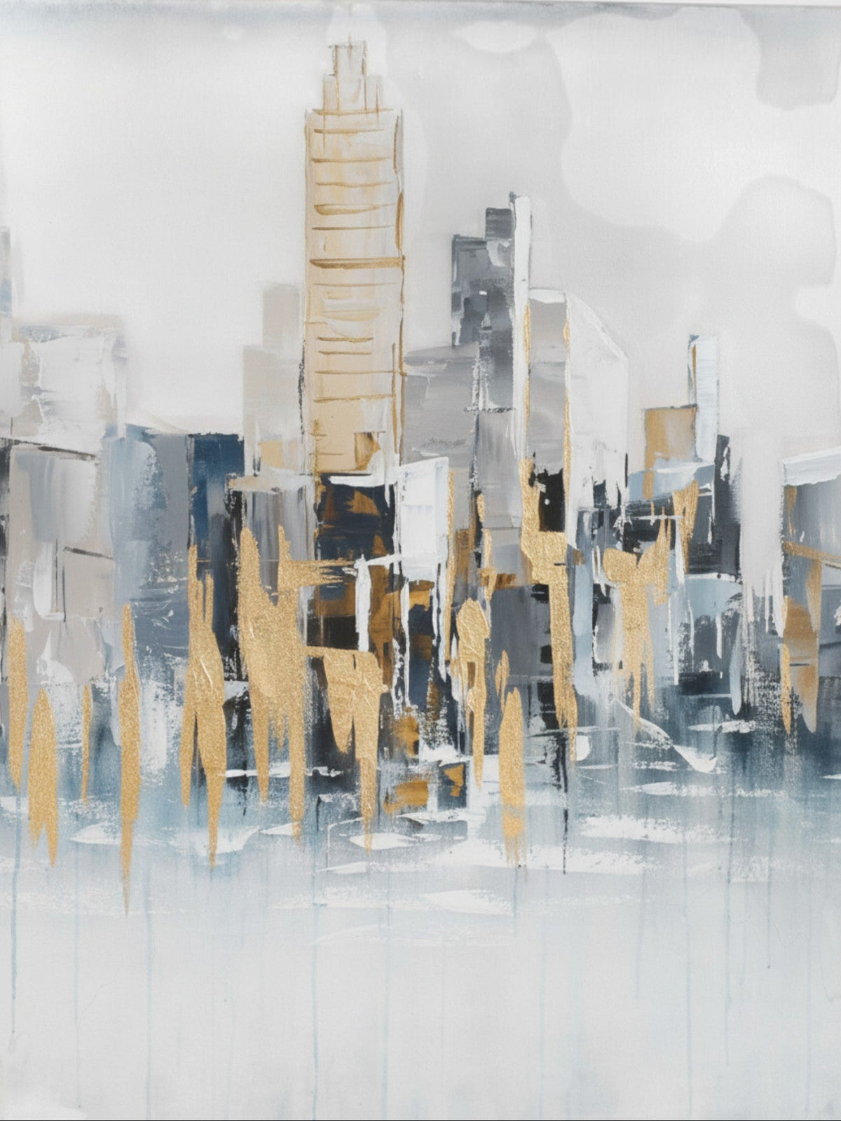 Cadre décoratif TOCO Meubles abstrait skyline urbain en bleu, gris, argent et or avec effets de peinture coulante