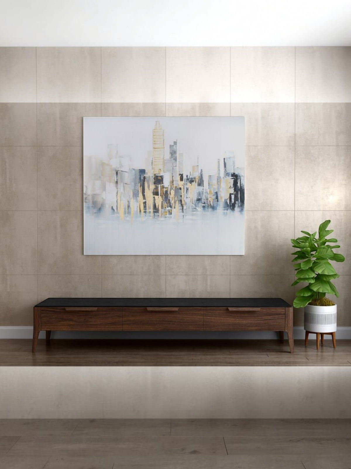 Cadre décoratif TOCO Meubles abstrait skyline bleu et gris avec accents dorés et argentés au-dessus d'un meuble TV