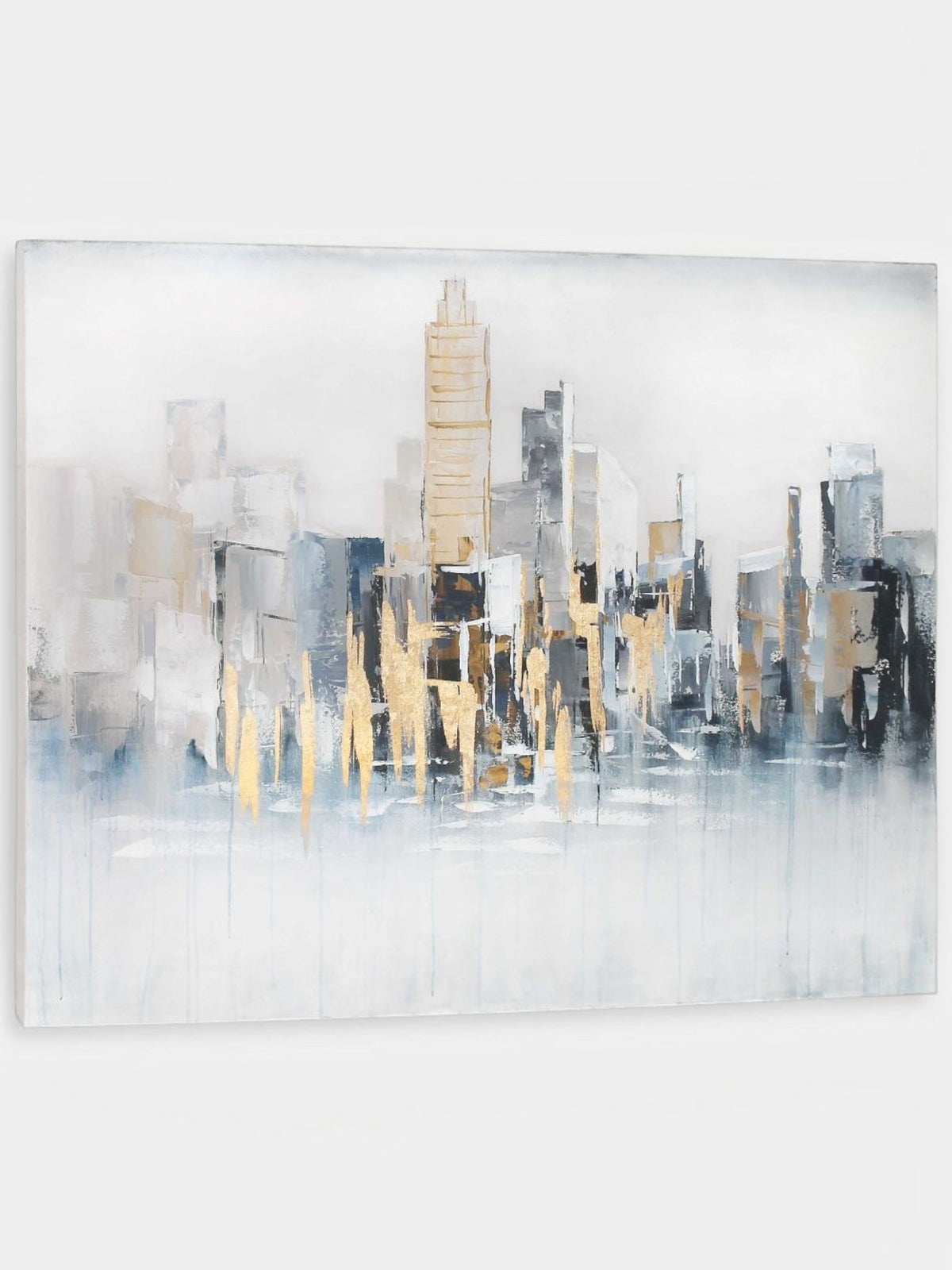 Cadre décoratif TOCO Meubles abstrait skyline urbain en bleu et gris avec détails en feuilles d'argent et d'or