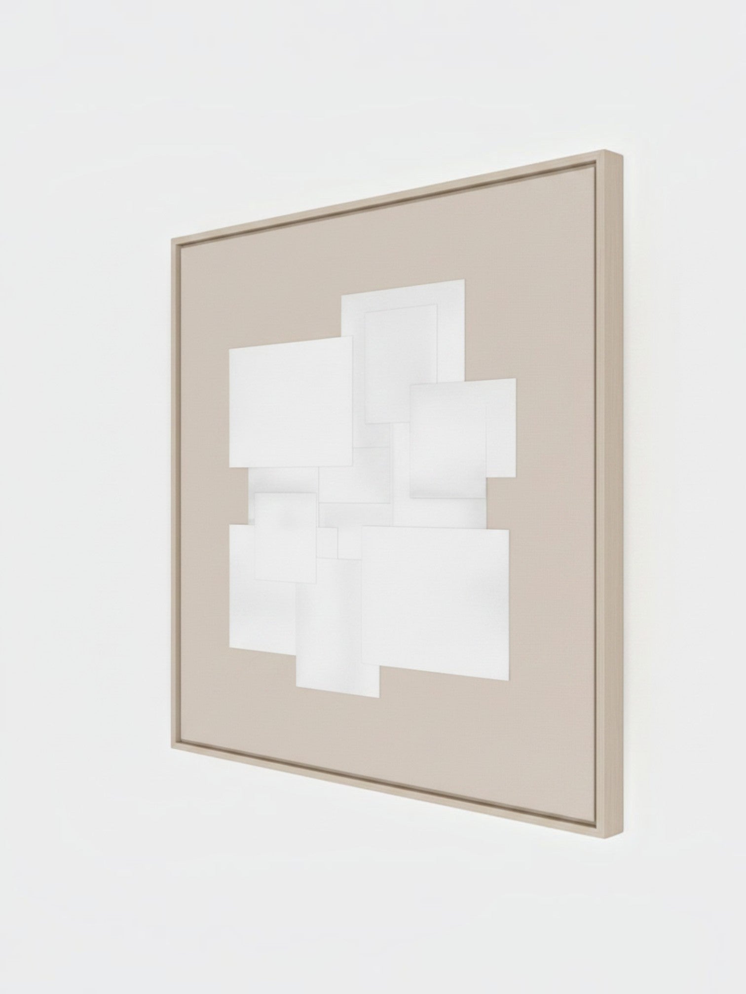 Cadre décoratif TOCO Meubles Atmosphère I avec motif géométrique abstrait blanc sur fond beige dans un cadre en bois