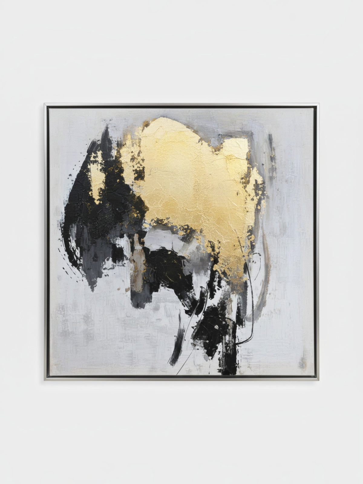 Cadre décoratif Salience par TOCO Meubles avec peinture abstraite en noir, gris et feuille d'or sur fond blanc