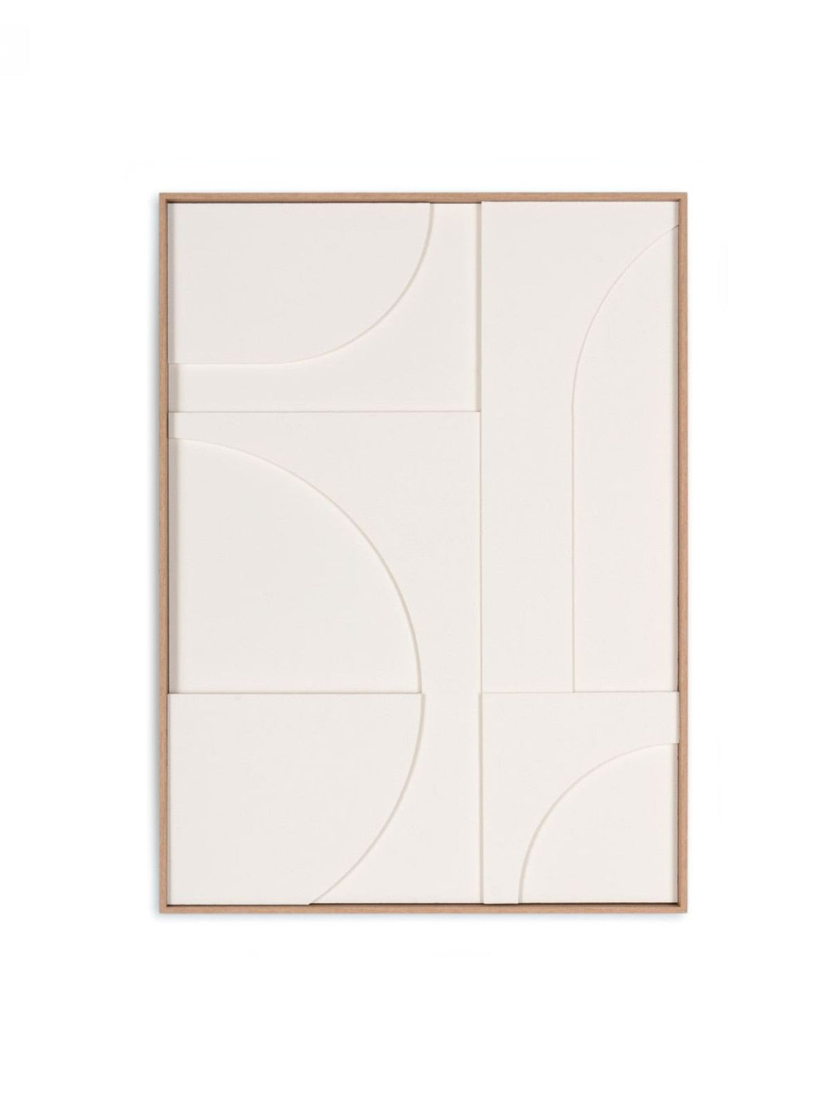 Cadre décoratif TOCO Meubles Clarity II avec motifs géométriques abstraits en relief sur fond blanc et cadre en bois.