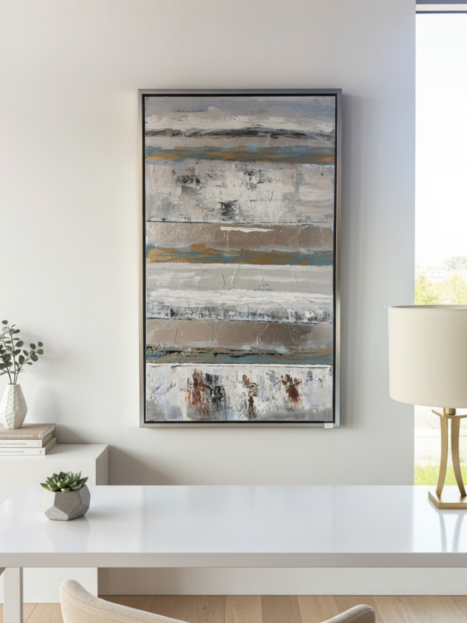 Cadre décoratif TOCO Meubles avec impression abstraite aux tons gris, blanc et doré dans un bureau moderne et serein.