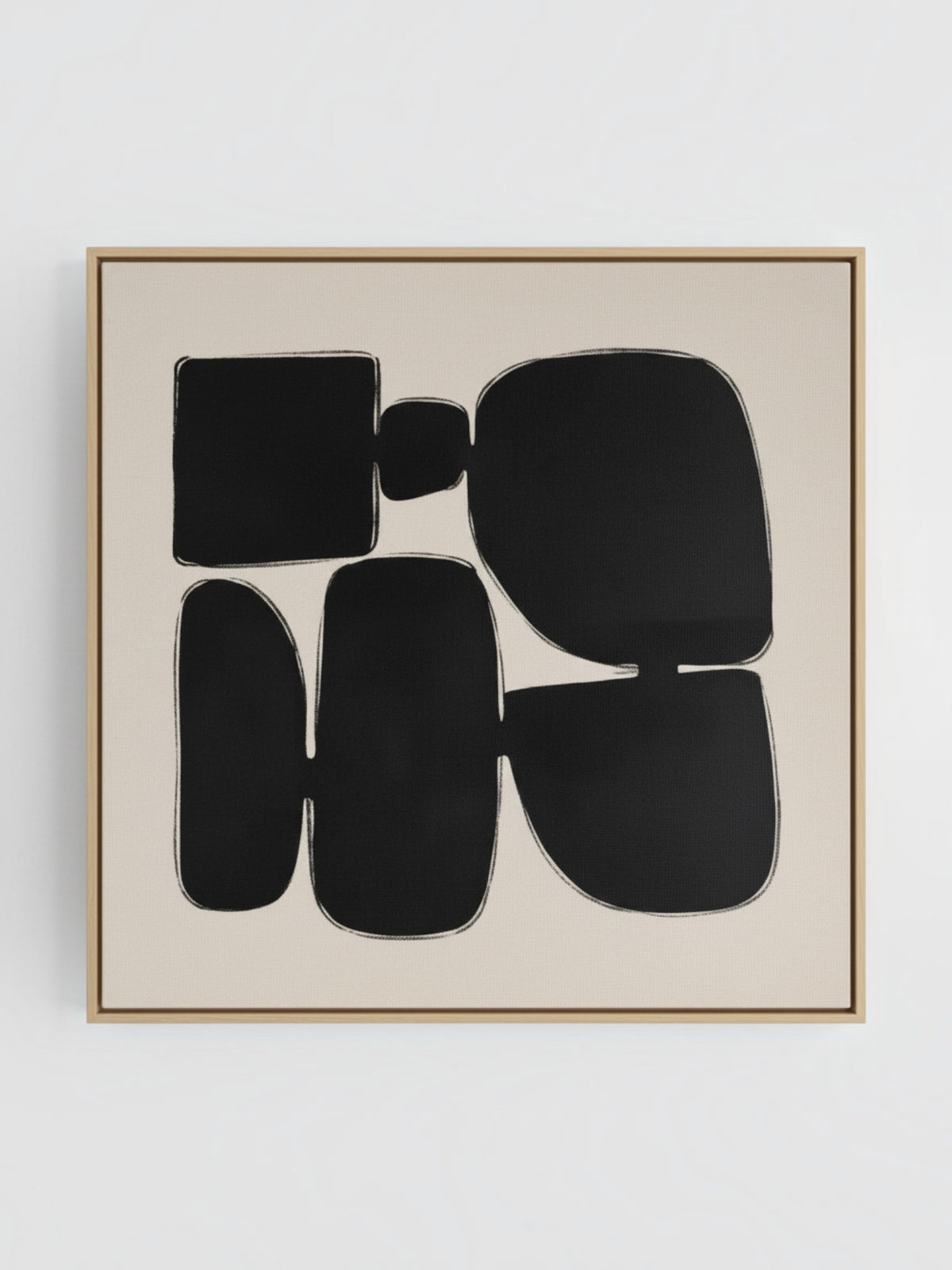 Cadre décoratif TOCO Meubles Pillars II avec formes géométriques abstraites noires sur fond beige et cadre en bois
