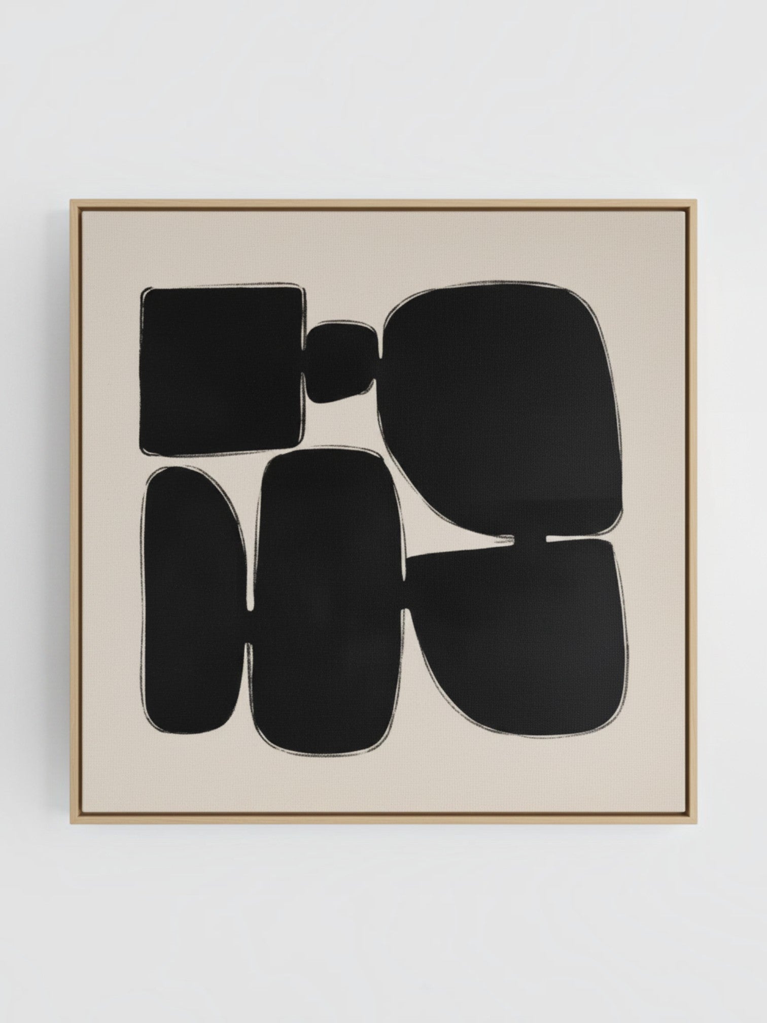 Cadre décoratif TOCO Meubles Pillars II avec formes géométriques abstraites noires sur fond beige et cadre en bois
