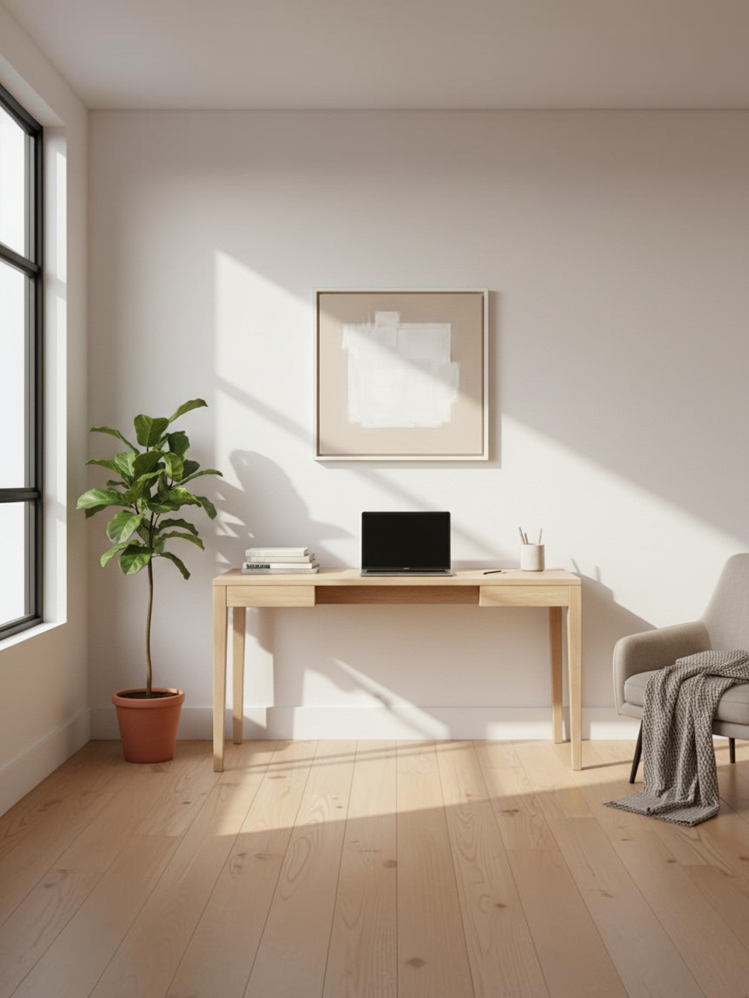 Cadre décoratif Atmosphère II de TOCO Meubles au design contemporain épuré, accroché au-dessus d'un bureau en bois.
