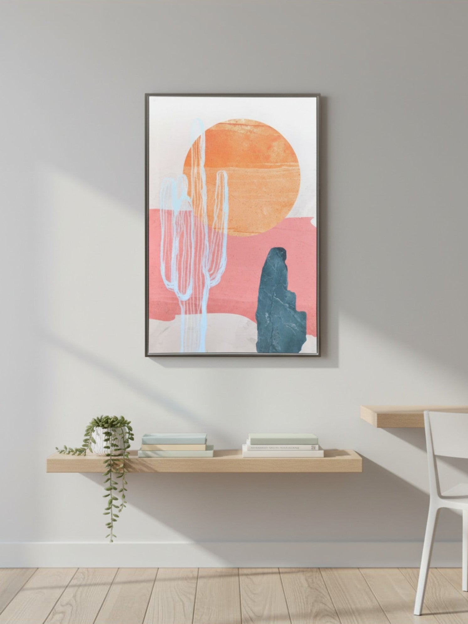 Cadre décoratif TOCO Meubles Sanoran Sunset avec illustration abstraite de cactus et coucher de soleil aux tons chauds