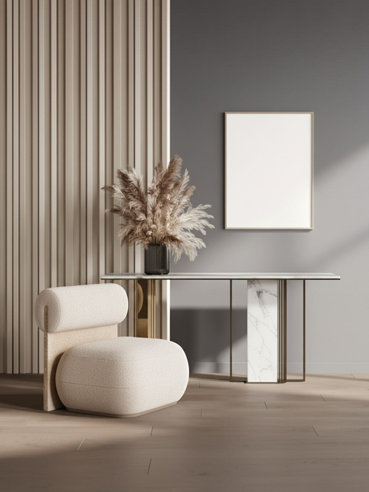 Cadre décoratif Clarity II de TOCO Meubles au design minimaliste, présenté sur un mur gris dans un salon élégant.