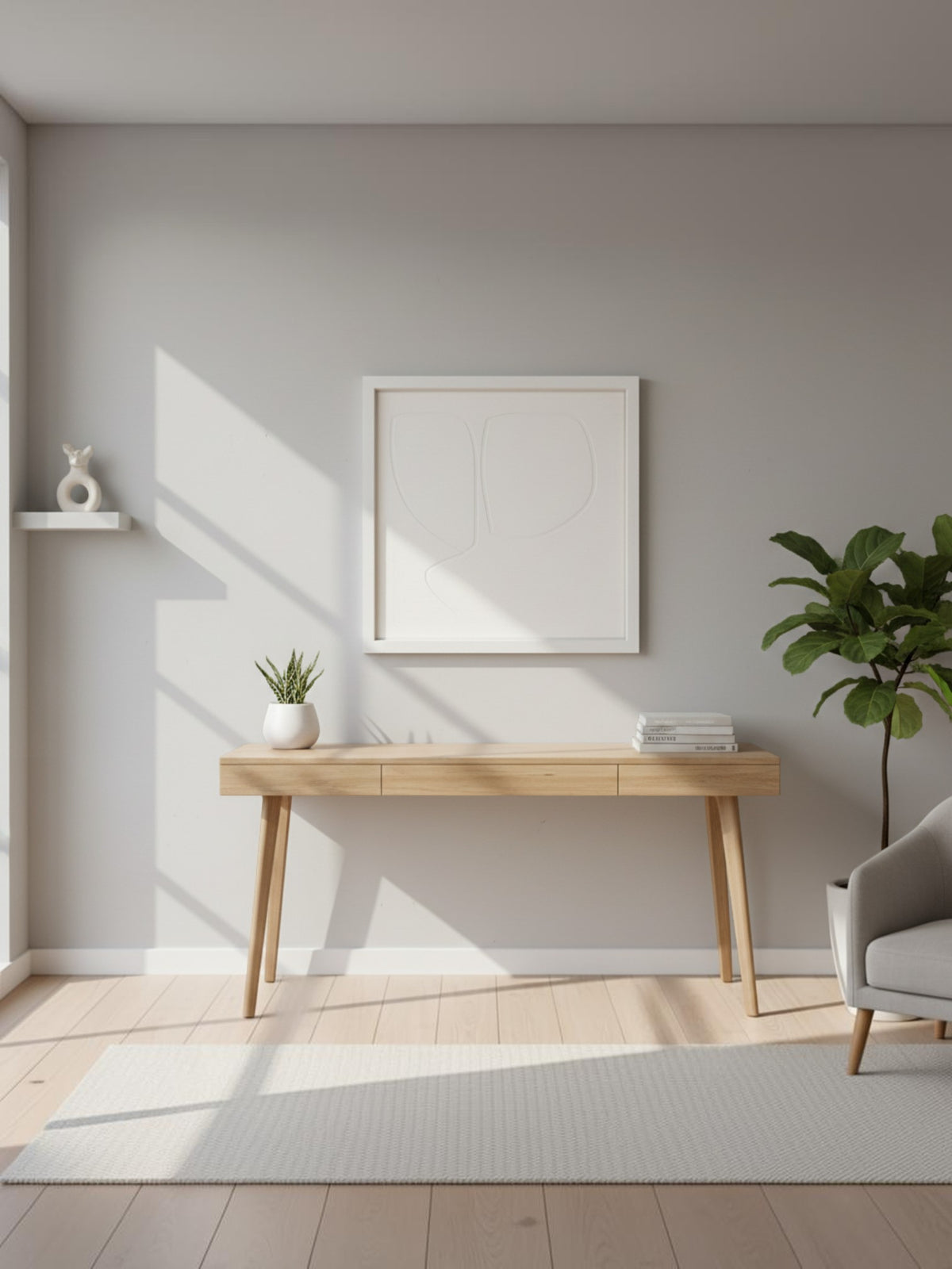 Cadre décoratif Dream II de TOCO Meubles au design épuré et minimaliste accroché au-dessus d'une console en bois.
