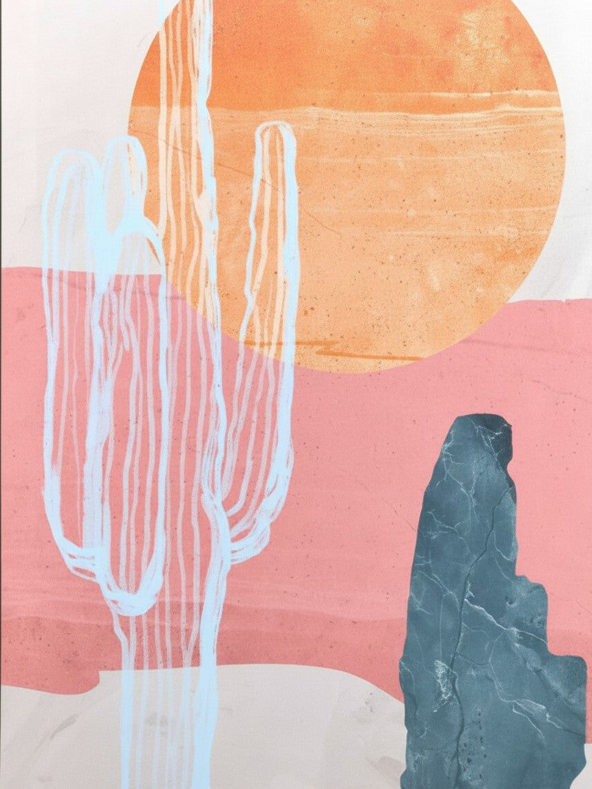 Cadre décoratif TOCO Meubles Sanoran Sunset avec illustration abstraite de cactus, soleil orange et ciel rose