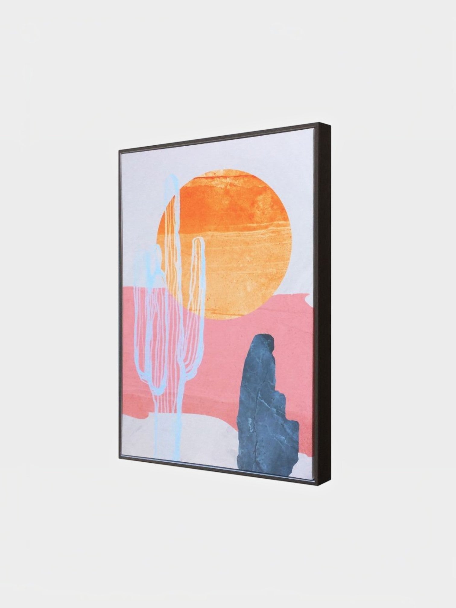 Cadre décoratif TOCO Meubles Sanoran Sunset avec illustration abstraite de désert, cactus et soleil aux tons chauds.