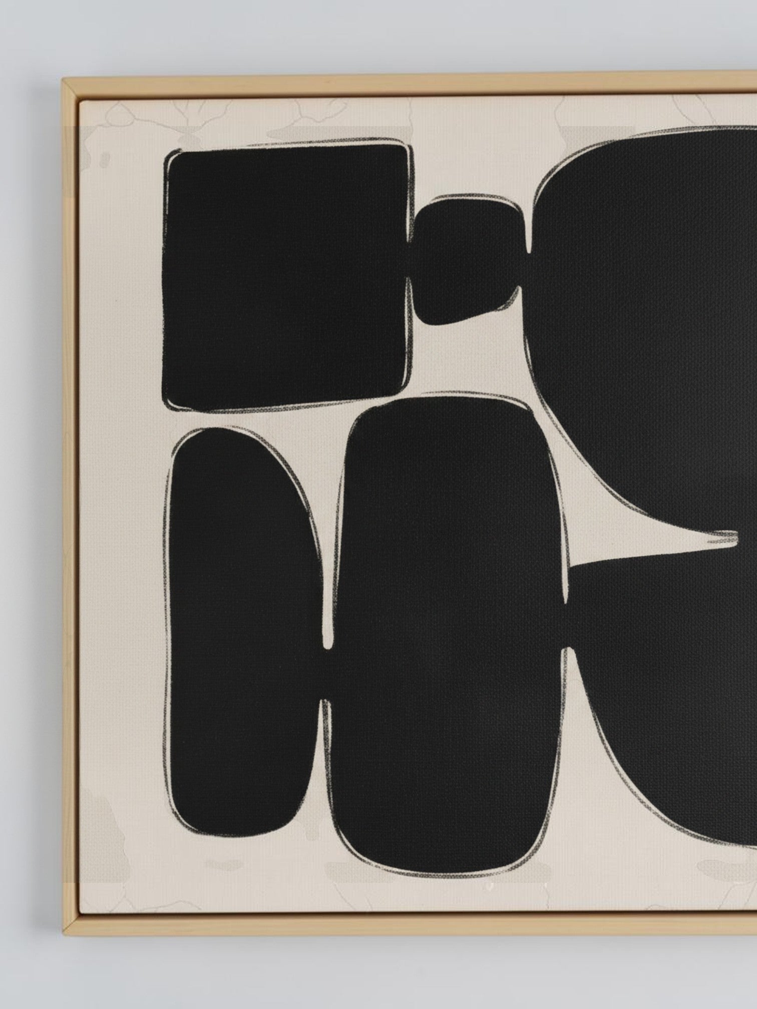 Cadre décoratif TOCO Meubles Pillars II avec formes géométriques abstraites noires sur fond crème et cadre en bois clair