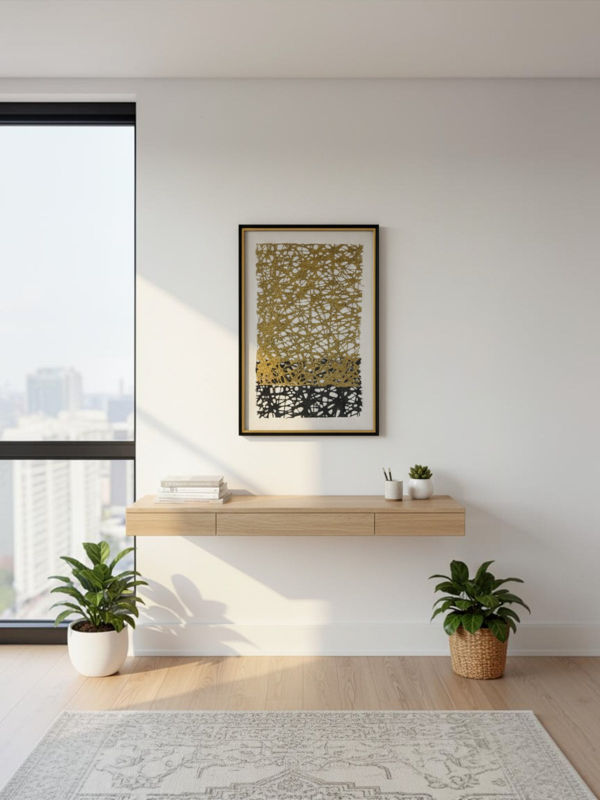 Cadre décoratif Interstellar TOCO Meubles noir et or au design abstrait contemporain suspendu au-dessus d'une console