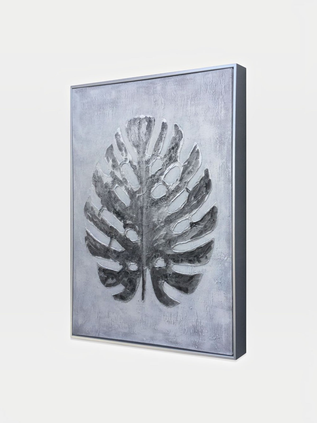 Cadre décoratif TOCO Meubles Paradise Palm II avec motif de feuille de palmier texturé en gris et argent