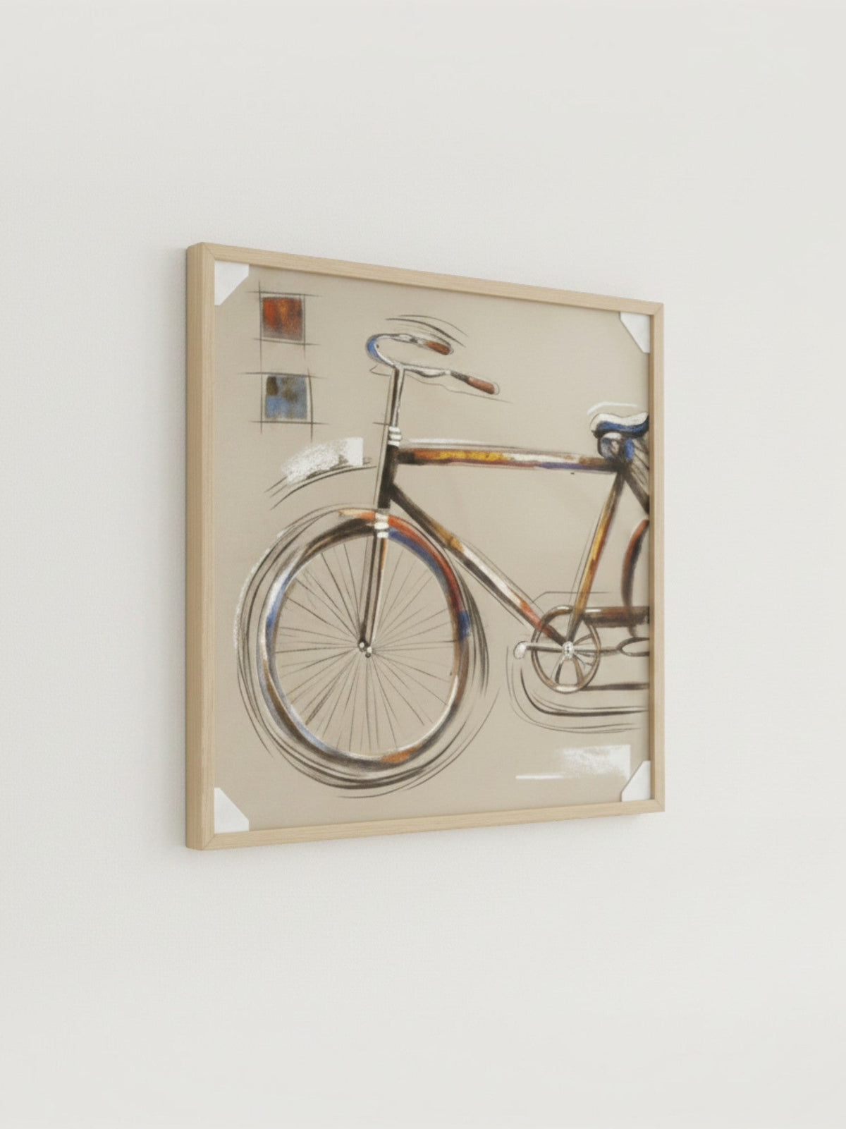 Cadre décoratif TOCO Meubles Recréation II avec illustration artistique de vélo sur fond beige dans un cadre en bois