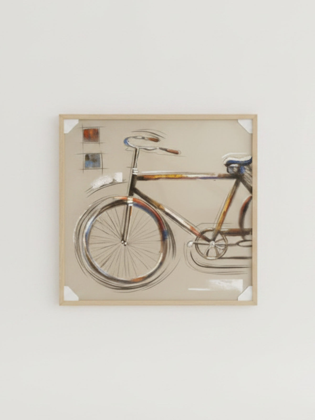 Cadre décoratif TOCO Meubles illustrant un vélo stylisé avec des traits artistiques sur fond beige dans un cadre en bois