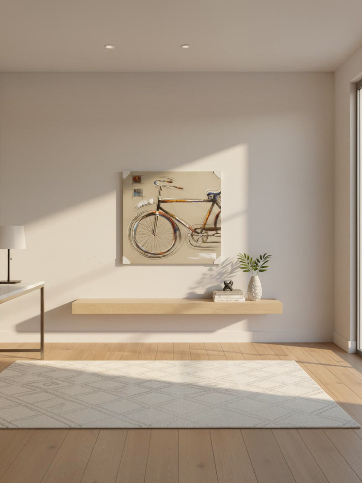 Cadre décoratif TOCO Meubles illustrant un vélo stylisé dans un intérieur minimaliste et lumineux