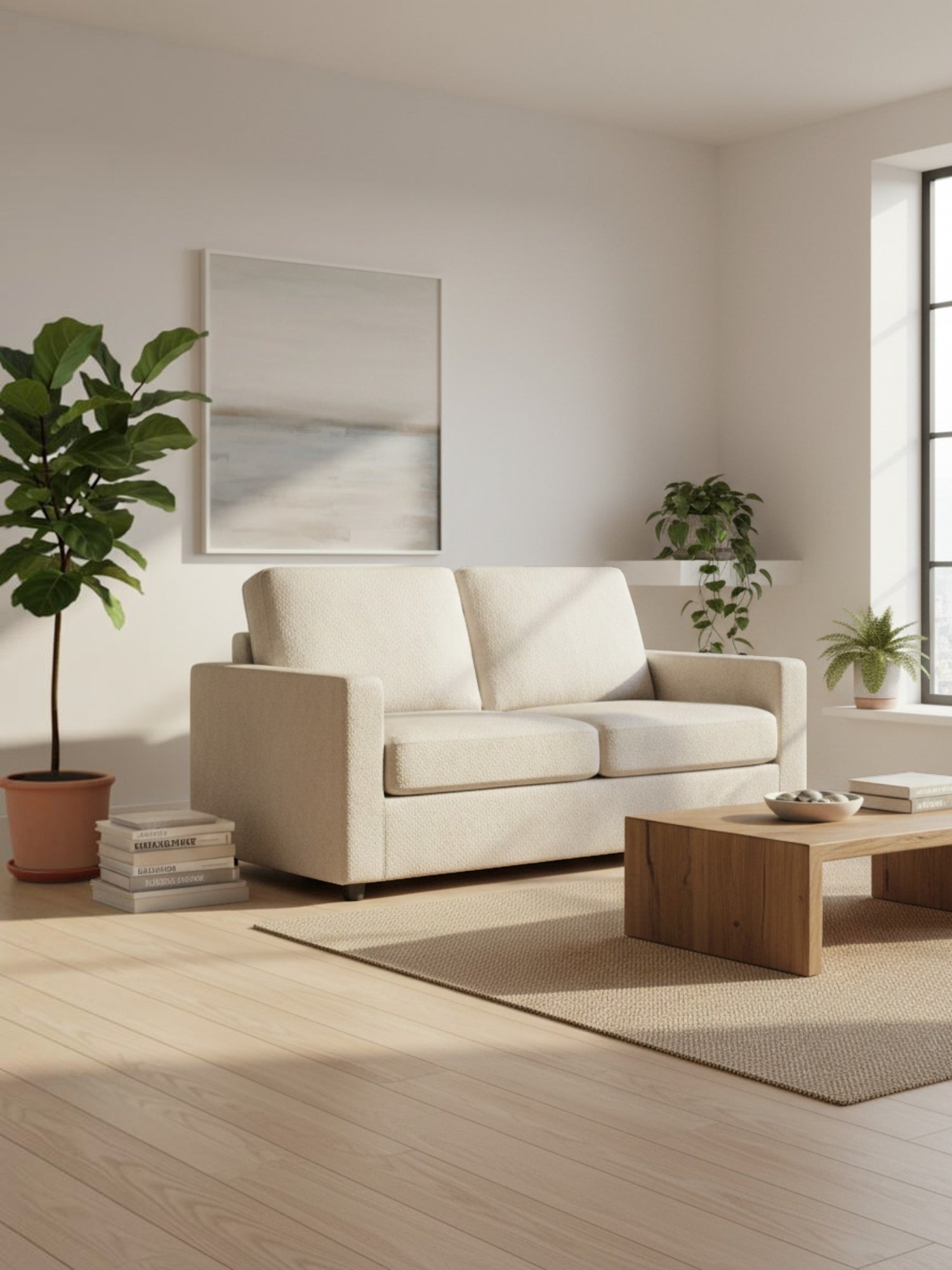 Canapé deux places beige TOCO Meubles au design minimaliste dans un salon lumineux avec plantes et table basse