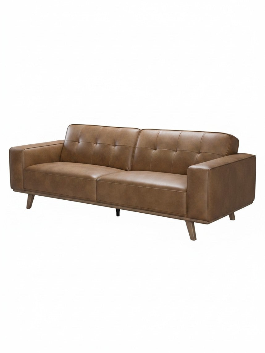 Canapé Célestin TOCO Meubles en cuir marron au design moderne avec capitonnage et pieds en bois inclinés