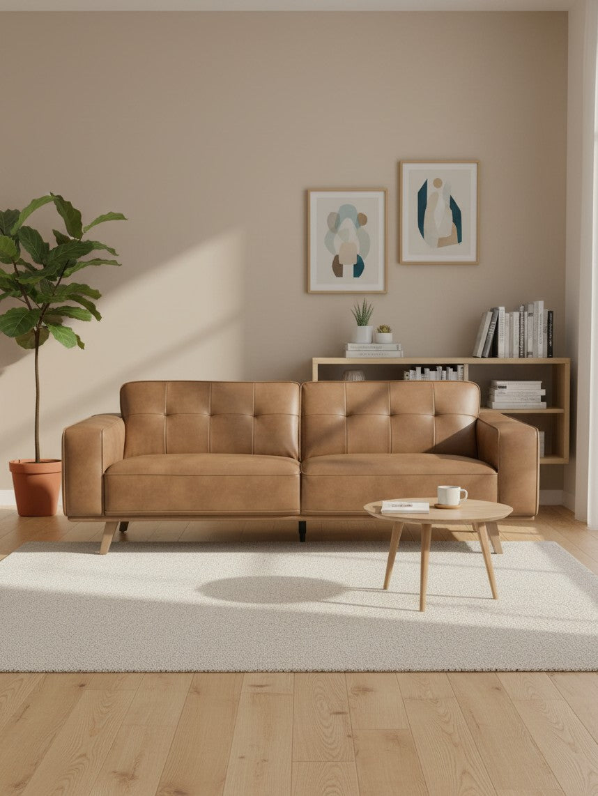 Canapé Célestin TOCO Meubles en cuir marron capitonné avec pieds en bois dans un salon moderne et lumineux