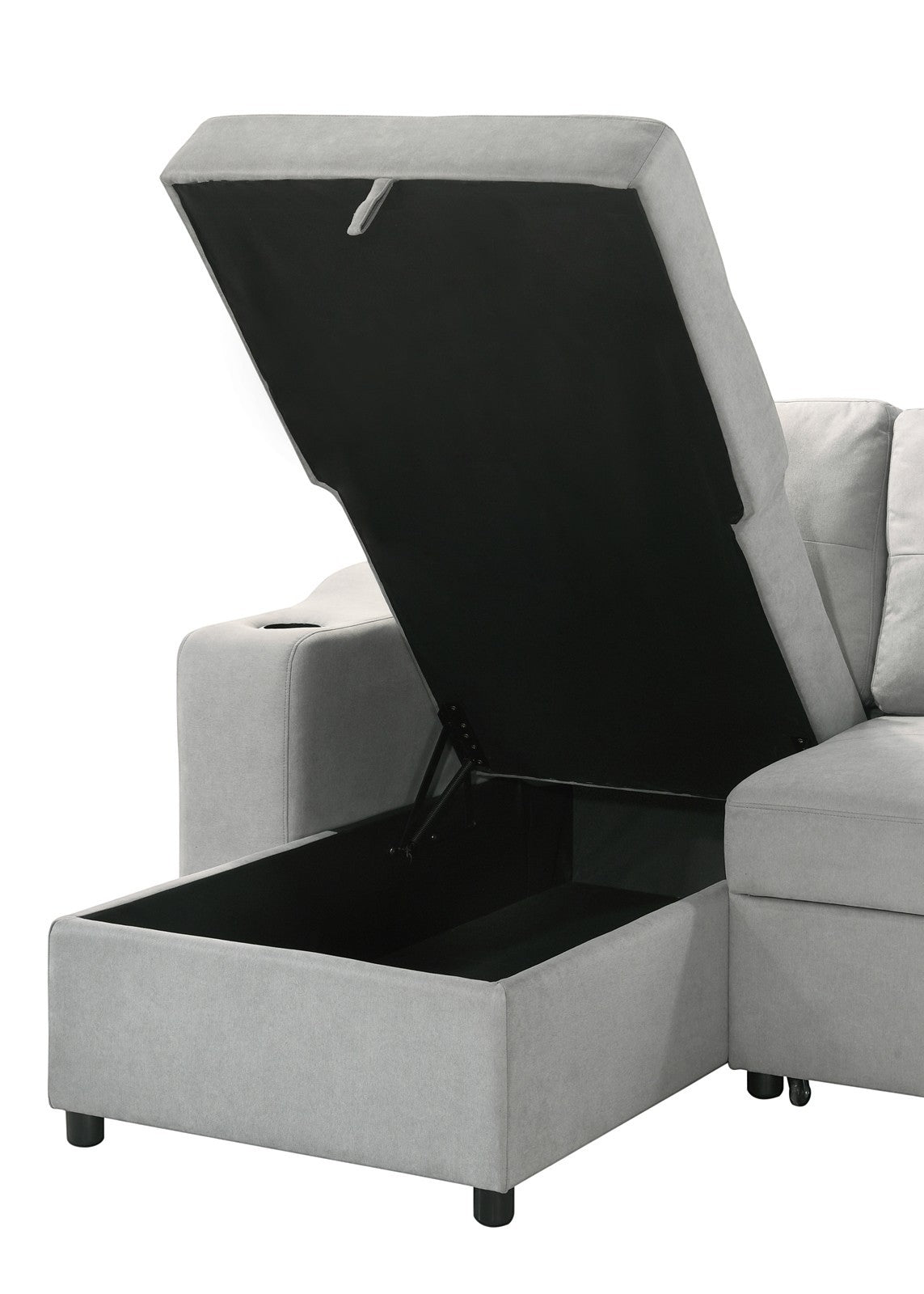 TOCO Meubles Zena convertible sofa in light grey fabric, with open storage compartment and cup holder.