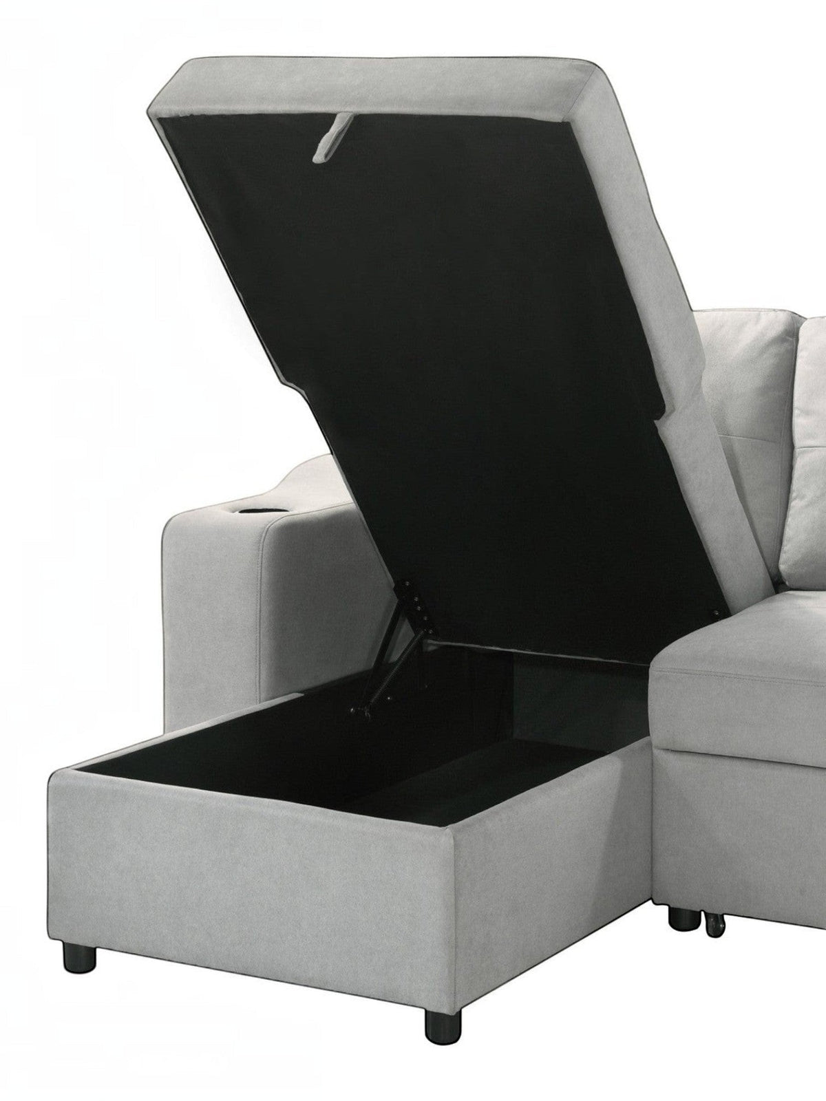 TOCO Meubles Zena convertible sofa in light grey fabric, with open storage compartment and cup holder.