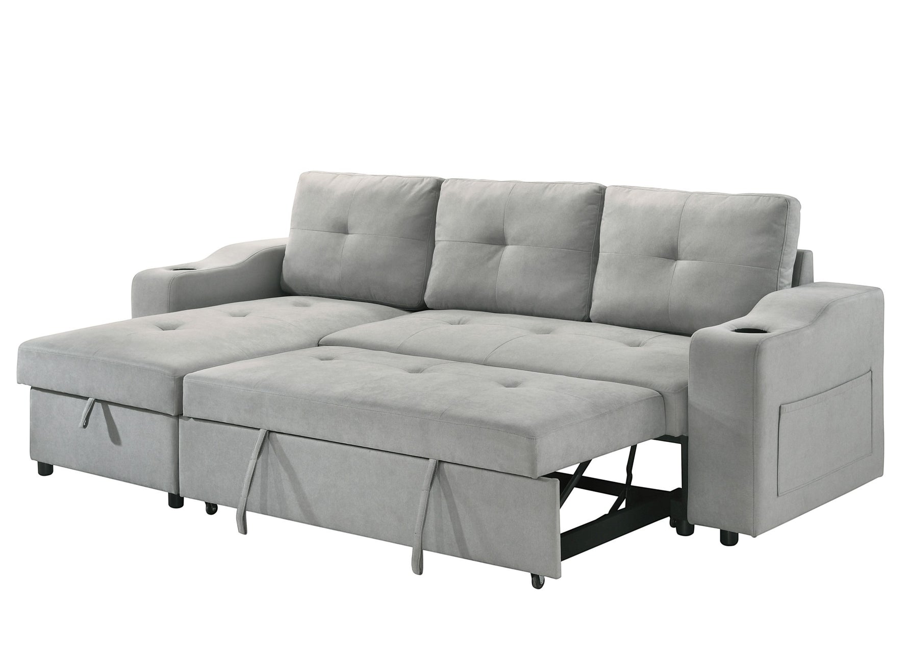 Canapé convertible gris clair TOCO Meubles Zena avec accoudoirs porte-gobelet et rangement intégré, idéal pour salon.