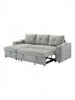Canapé convertible gris clair TOCO Meubles Zena avec accoudoirs porte-gobelet et rangement intégré, idéal pour salon.