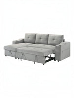 Canapé convertible gris clair TOCO Meubles Zena avec accoudoirs porte-gobelet et rangement intégré, idéal pour salon.