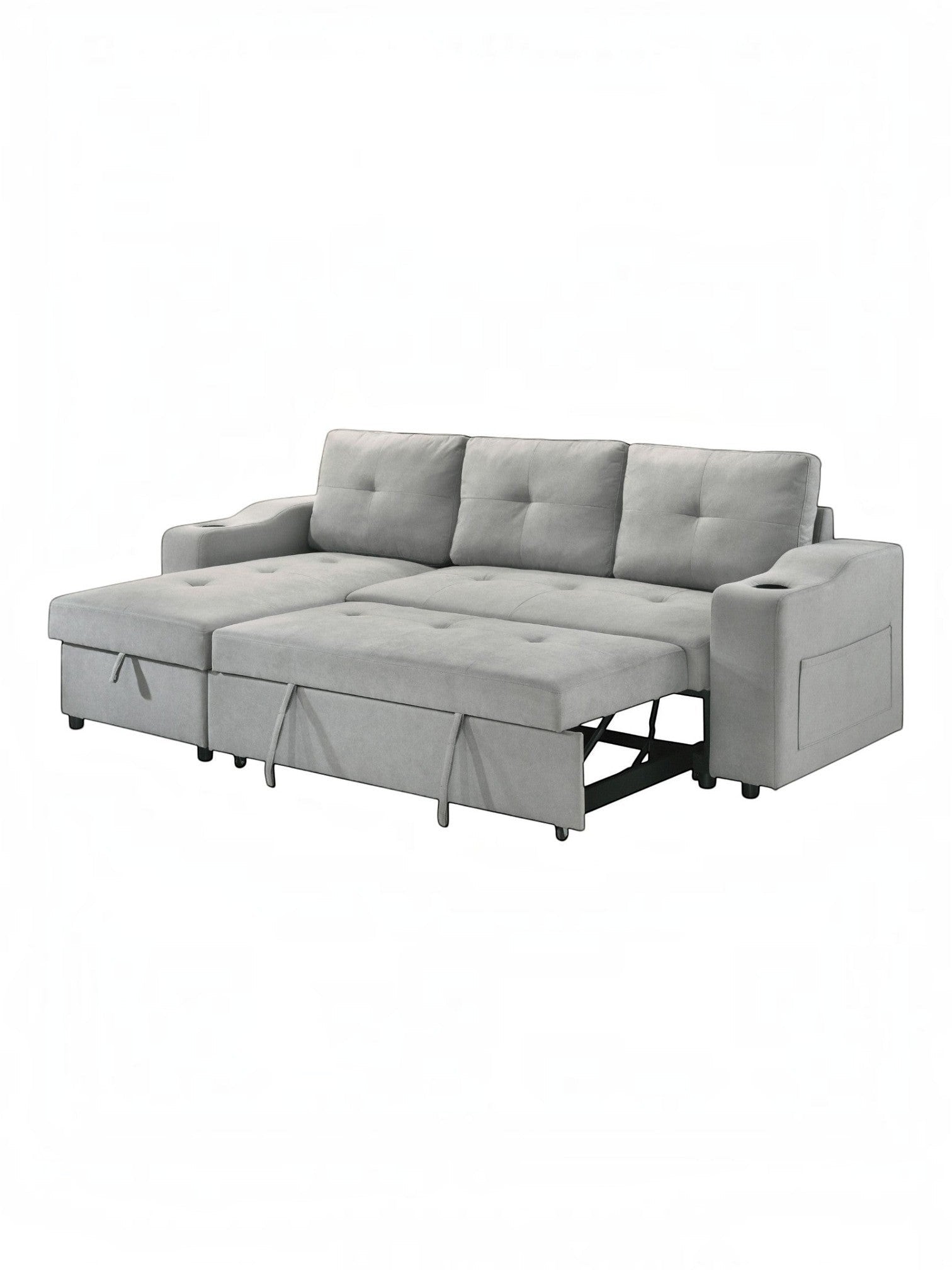 Canapé convertible gris clair TOCO Meubles Zena avec accoudoirs porte-gobelet et rangement intégré, idéal pour salon.