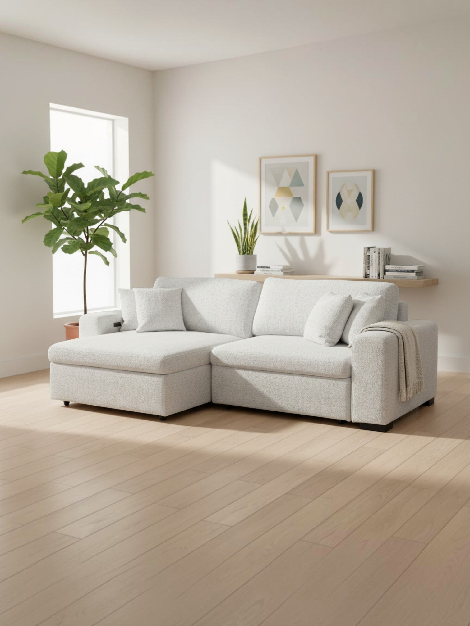 Canapé convertible Sacha TOCO Meubles en tissu gris pâle avec méridienne dans un salon moderne et lumineux