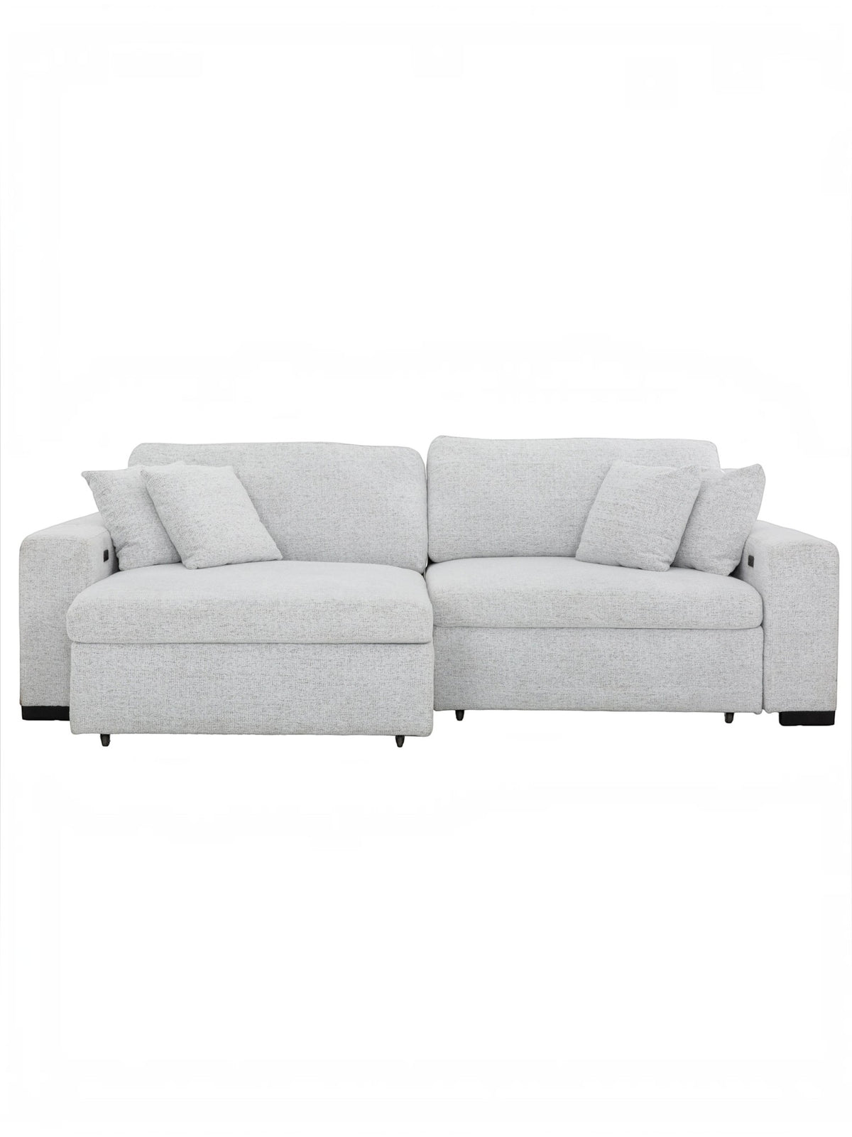 Canapé convertible Sacha de TOCO Meubles en tissu gris pâle avec assise extensible et coussins décoratifs