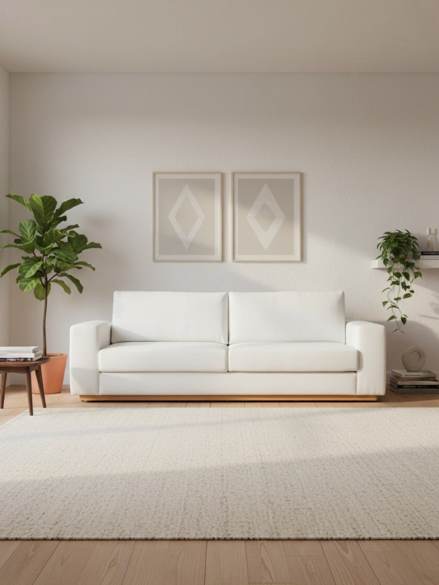 Canapé Eira TOCO Meubles blanc en chenille avec base en bois dans un salon lumineux et minimaliste