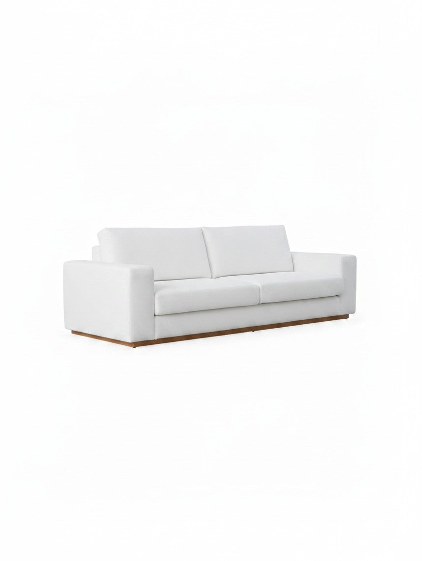 Canapé Eira TOCO Meubles blanc en chenille avec base en bois naturel et design contemporain