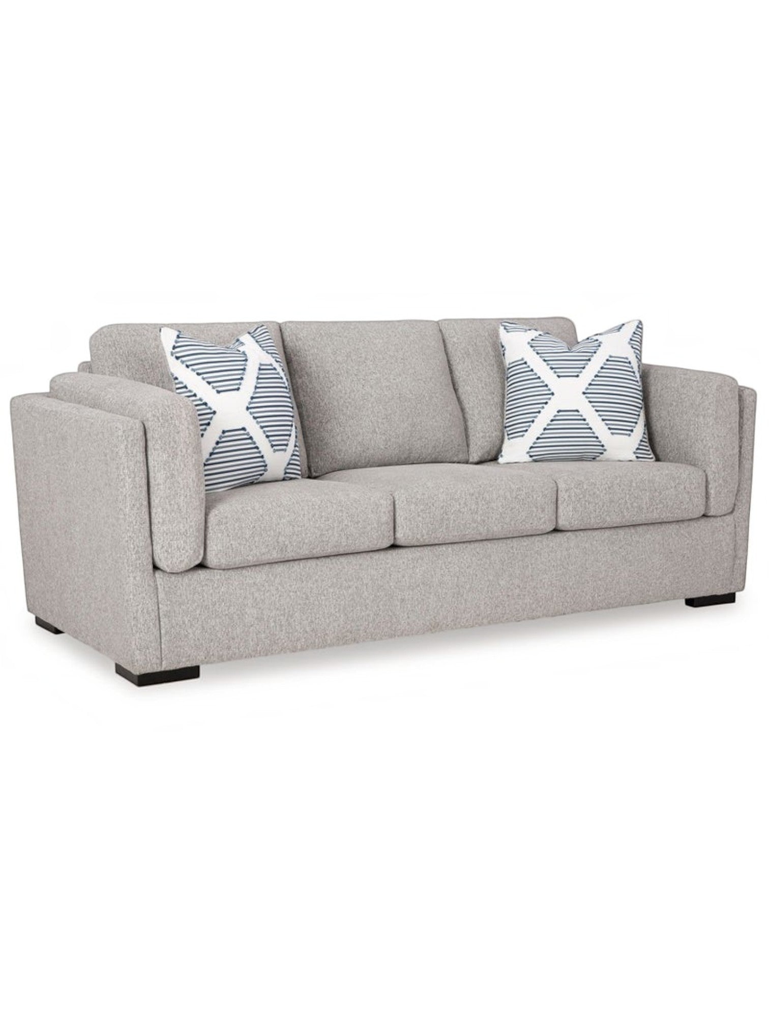 Canapé trois places TOCO Meubles Evan en tissu gris avec coussins décoratifs à motifs géométriques bleus et blancs